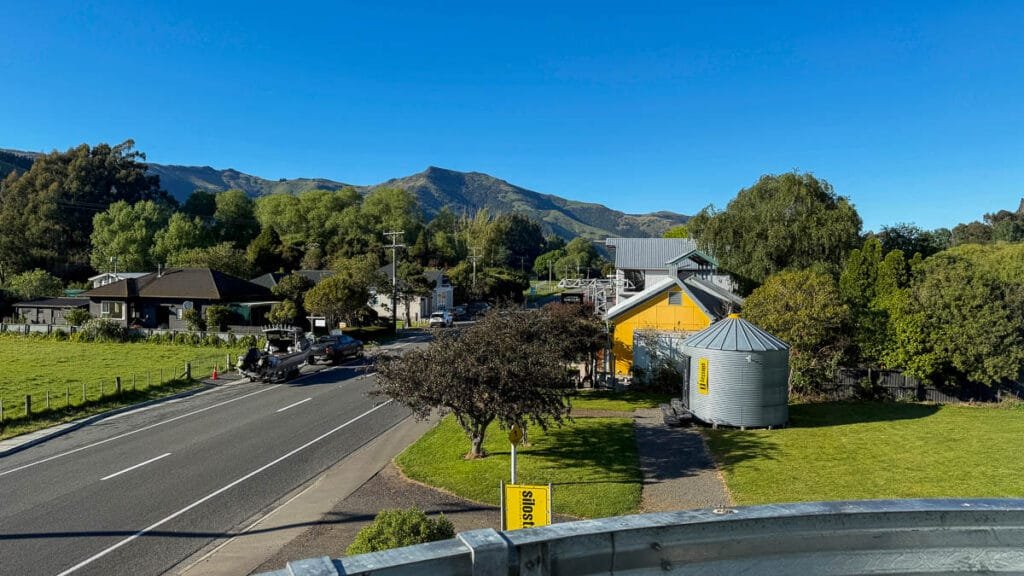 View of surrounding village in Little River near Akaroa, New Zealand from from Silostay grain silo unit