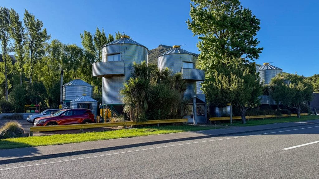 Converted grain silo accommodation at Silostay in Little River, Banks Peninsula, New Zealand