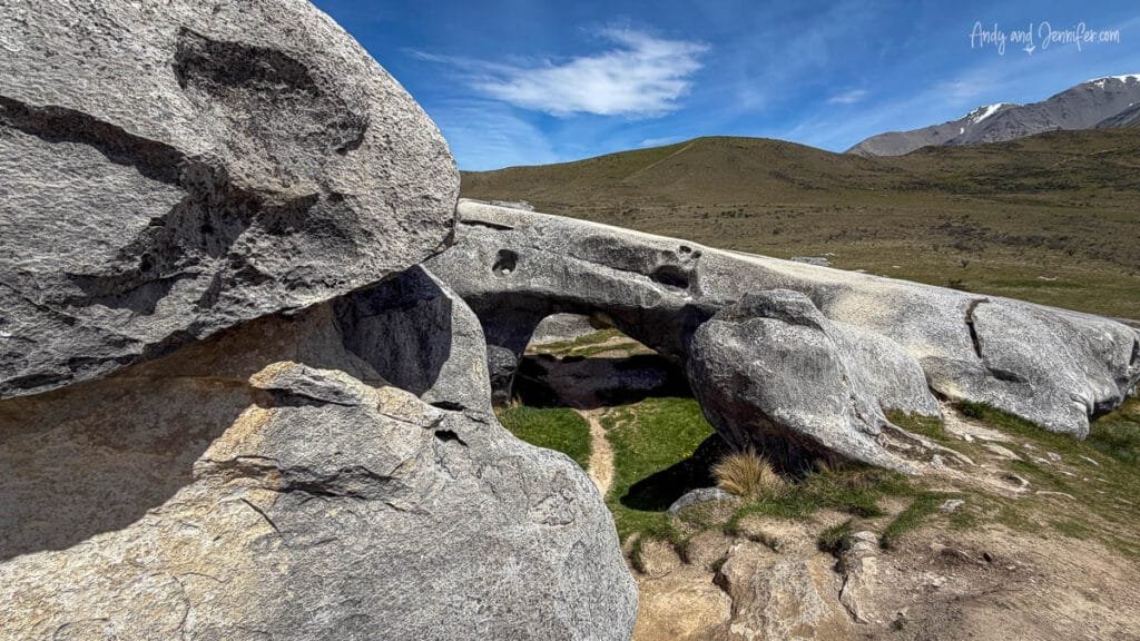 Natural rock arch formation at Castle Hill Rocks in the Southern Alps
