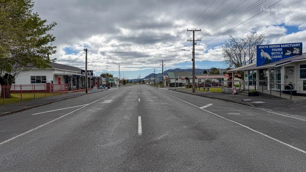 Quiet main street in Whataroa, a small West Coast town on New Zealand’s South Island
