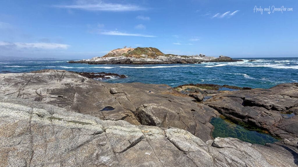 Rocky shoreline facing Humboldt penguin nesting island, Chile