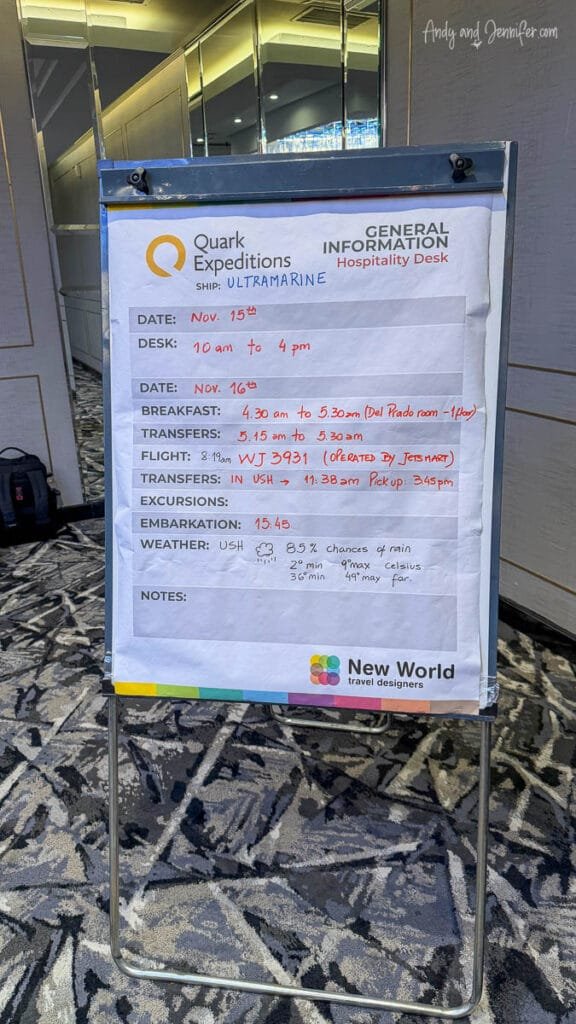 Quark Expeditions check-in schedule sign at Hotel Emperador Buenos Aires