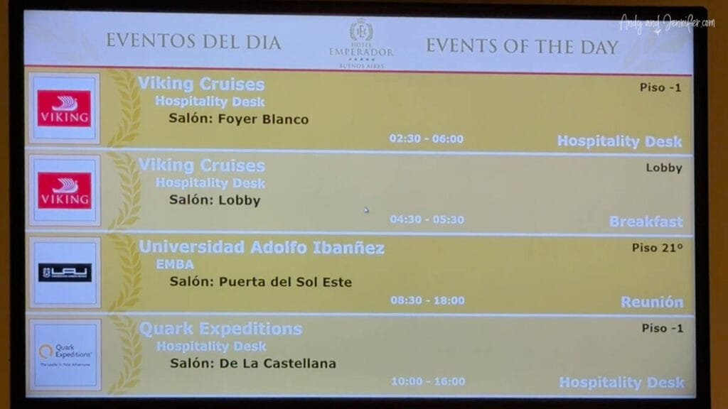 Daily events screen at Hotel Emperador listing Quark Expeditions check-in and cruise hospitality desks