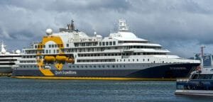 Quark Ultramarine polar expedition ship at port in Ushuaia, gateway to Antarctica
