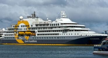 Quark Ultramarine polar expedition ship at port in Ushuaia, gateway to Antarctica