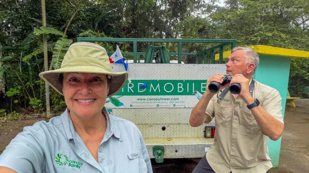 Jennifer and Andy beside the Canopy Tower “Birdmobile” in Panama before a rainforest birding excursion near Pipeline Road and Soberanía National Park