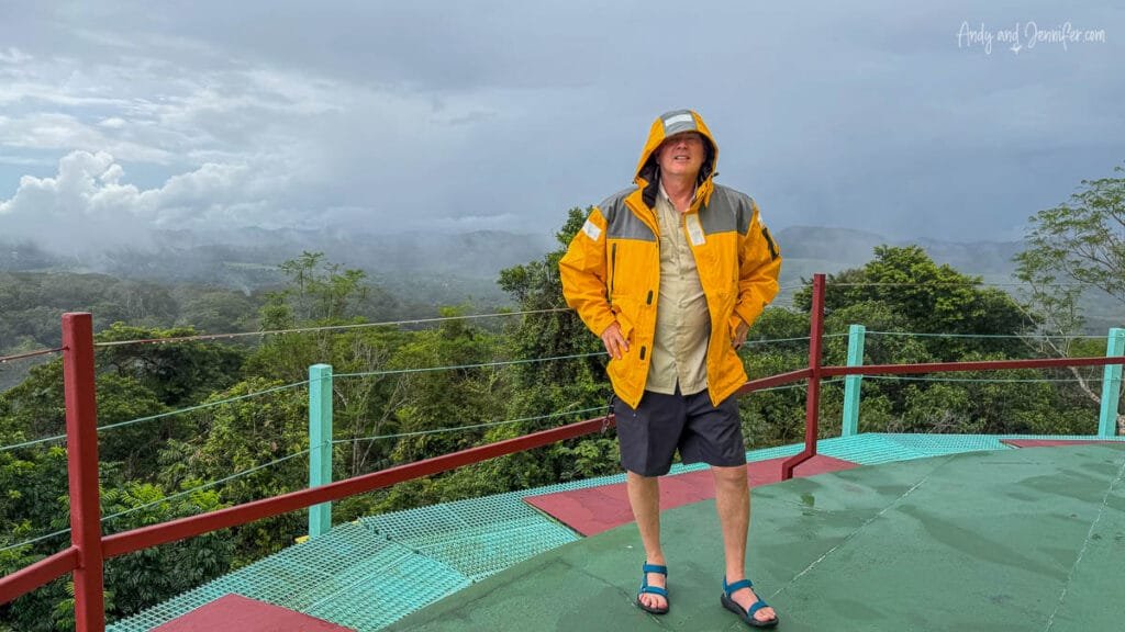 Andy wearing an Antarctic expedition parka during a tropical rainstorm on the canopy deck at Canopy Tower in Panama after our luggage went missing in transit from Antarctica
