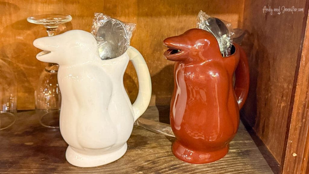 Traditional penguin-shaped wine jugs on display in Buenos Aires, Argentina