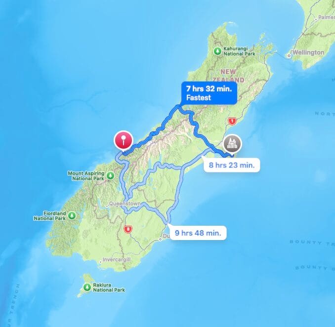 Map of our South Island wildlife road tip showing the driving time from Akaroa to Lake Moeraki 