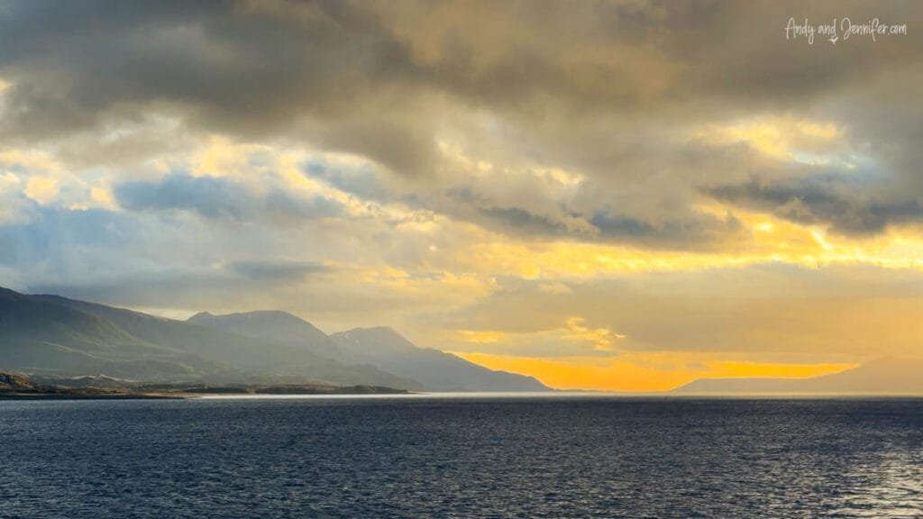 Dramatic sunrise over the mountains and coastline near Ushuaia as the Ultramarine returned from Antarctica across the Drake Passage