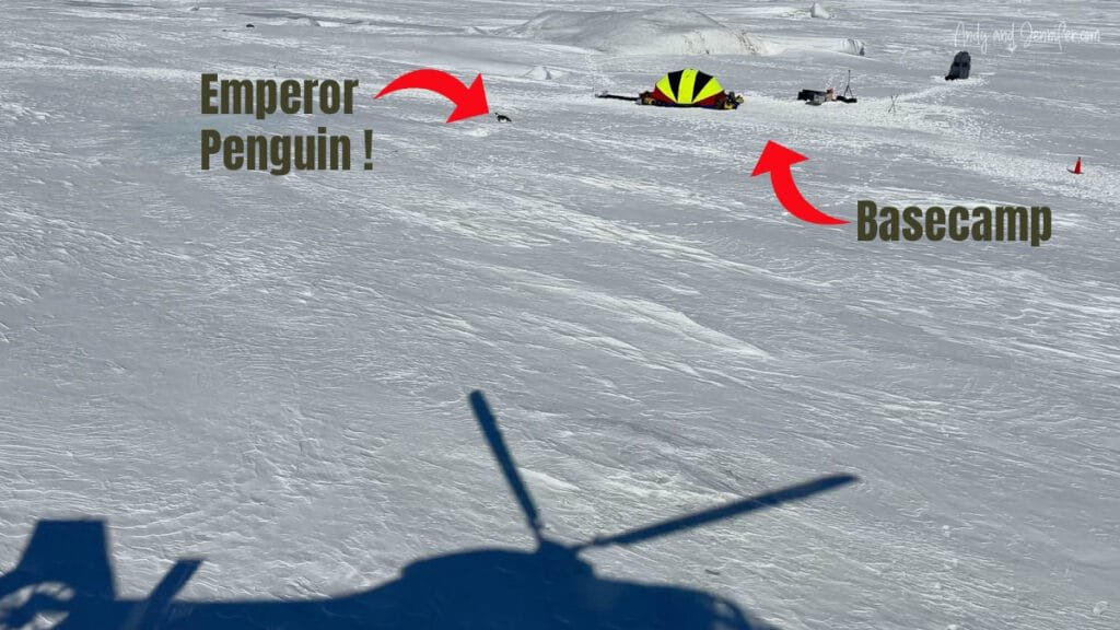 Helicopter view of sea ice showing location of emperor penguins and temporary basecamp in Antarctica
