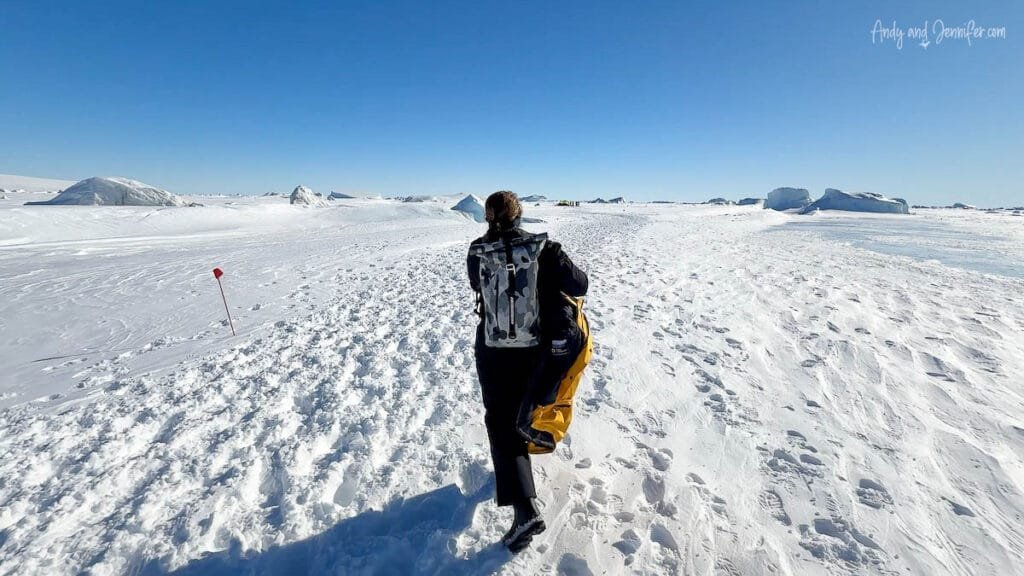 Traveler carrying gear walking along flagged route on sea ice in Antarctica with penguins ahead