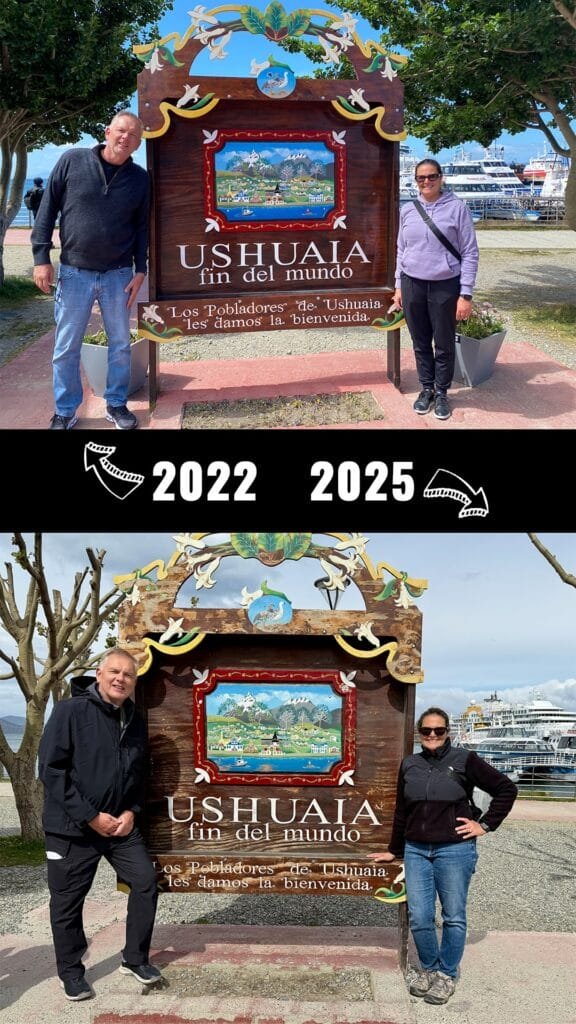 Comparison photos at Ushuaia “fin del mundo” sign from 2022 and 2025, Argentina