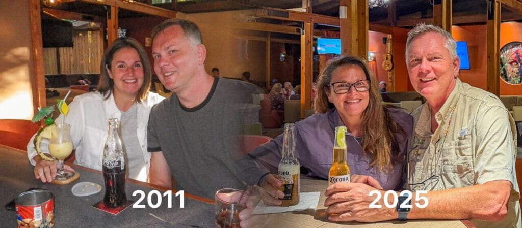 Side-by-side comparison of Andy and Jennifer at Savegre Lodge in Costa Rica, with photos taken in 2011 and 2025. The matching poses recreate a photo taken 14 years earlier, showing the couple returning to the same spot during their latest visit.