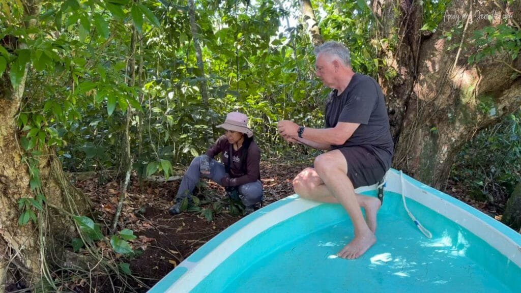 A local guide points out wildlife from the rainforest while a visitor sits barefoot in a small boat pulled alongside the bank of the Changuinola Canal in Panama.