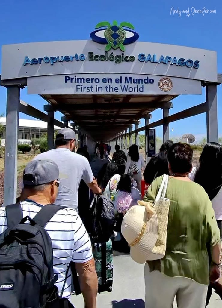 Passengers walking into Baltra Airport after arriving in the Galápagos Islands.