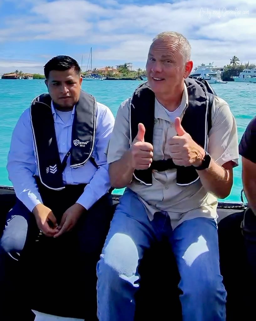 Andy giving two thumbs up during the panga transfer to the Ecogalaxy catamaran in the Galápagos.