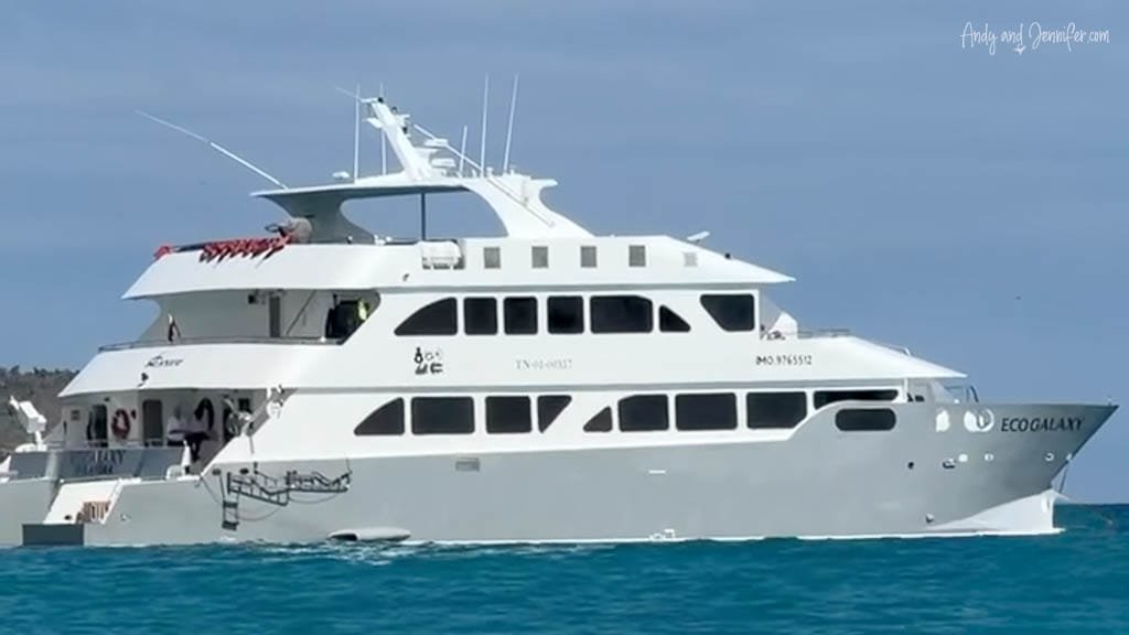 Ecogalaxy catamaran anchored off Santa Cruz Island in the Galápagos.