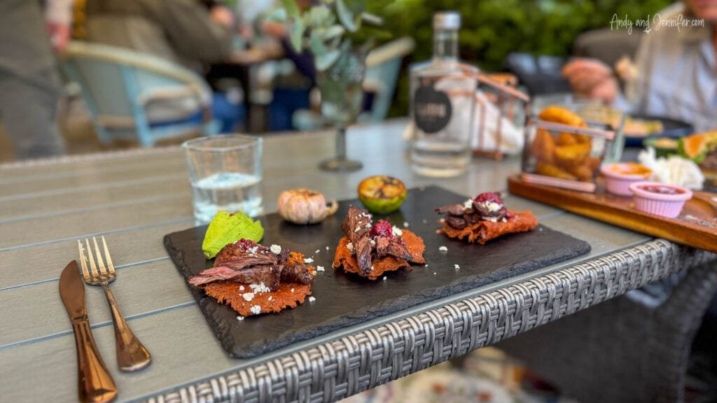 Three gourmet beef tostadas topped with avocado, cheese and fresh garnishes are served on a slate board at a restaurant in the Costa Rican highlands, with drinks and other dishes on the table in the background.