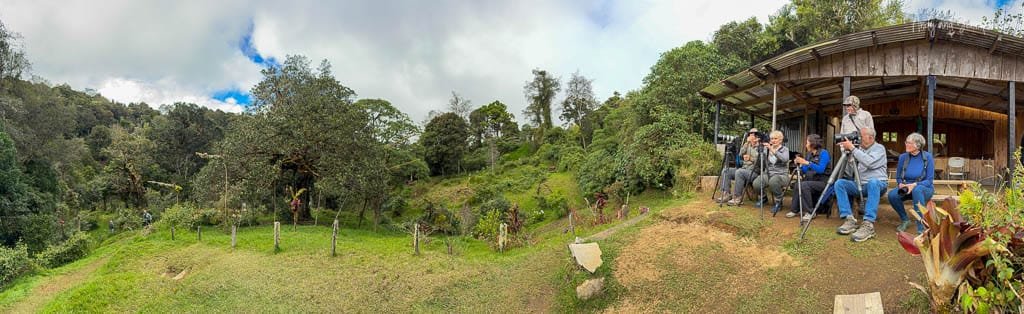 Bird photographers waiting for resplendent quetzals at the viewing platform near El Guarco on Cerro de la Muerte, Costa Rica.
