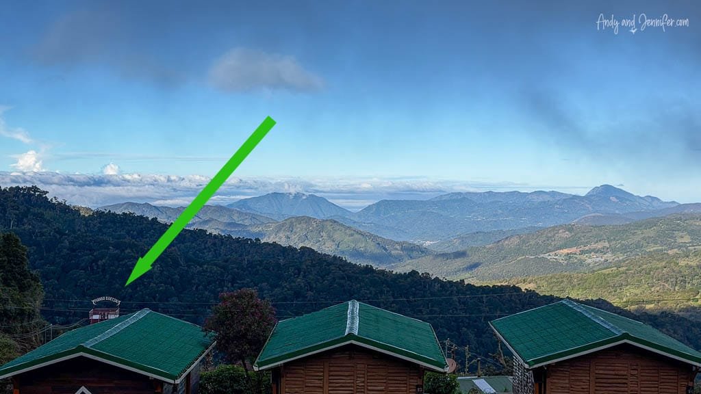View across the Savegre Valley from Mirador de Quetzales, Costa Rica, with Paraíso Quetzales visible on the hillside below.