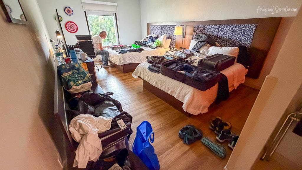 Repacking our luggage at the Hampton Inn near San José Airport before flying to Ecuador and the Galápagos Islands.
