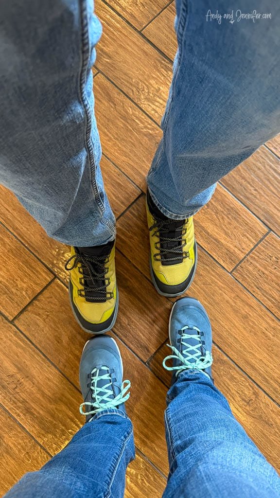 Our new shoes after replacing the muddy pairs from the vulture hide before leaving Costa Rica.