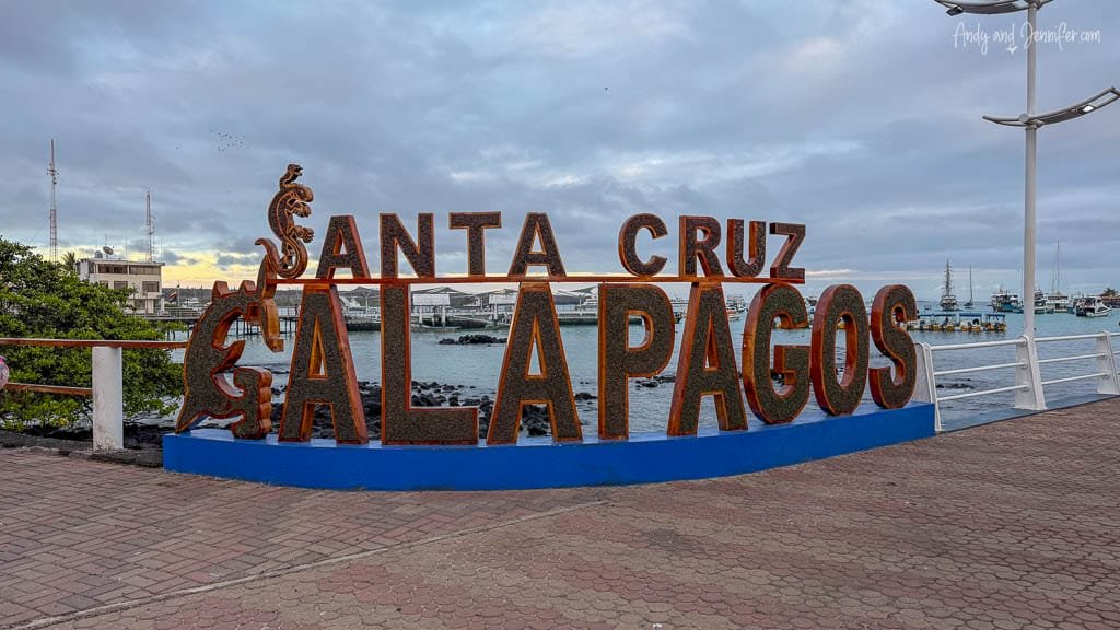 Santa Cruz Galápagos destination sign on the waterfront in Puerto Ayora.