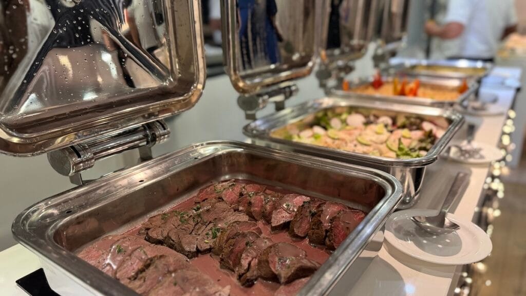 Dinner buffet aboard the Ecogalaxy catamaran in the Galápagos.