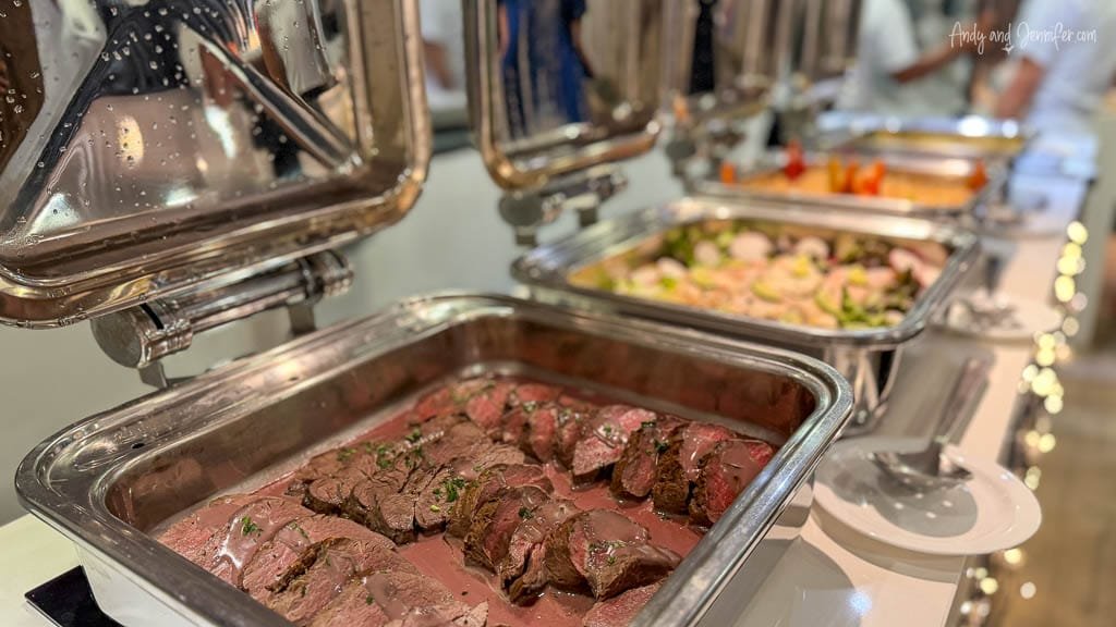 Farewell dinner buffet prepared aboard our Galápagos cruise, with roast beef and other dishes.