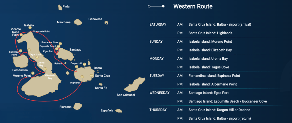 Map of the five night western Galapagos itinerary.