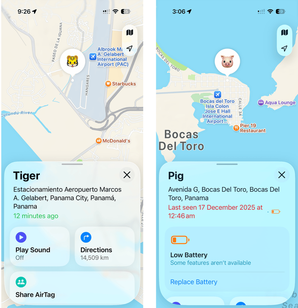 Two Apple Find My screenshots show AirTag locations in Panama. The left screen shows an AirTag named "Tiger" recently detected at Albrook Marcos A. Gelabert Airport in Panama City. The right screen shows an AirTag named "Pig" last seen in Bocas del Toro with a low battery warning and a prompt to replace the battery.
