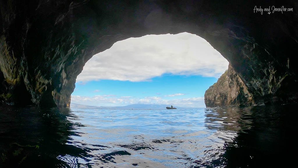 Sea cave along the volcanic coastline at Albemarle Point on Isabela Island, Galápagos.