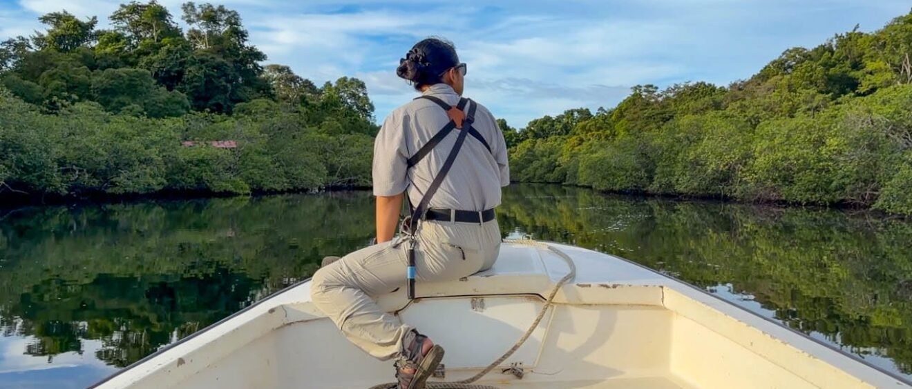 Guide riding at the bow of a boat through calm mangrove-lined waterways near Isla Popa, Bocas del Toro, Panama.
