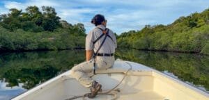 Guide riding at the bow of a boat through calm mangrove-lined waterways near Isla Popa, Bocas del Toro, Panama.