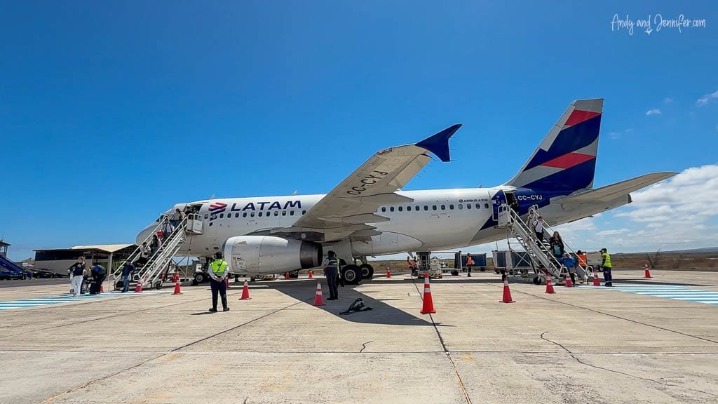 LATAM Airlines plane on the tarmac after arriving at Baltra Airport in the Galápagos Islands.