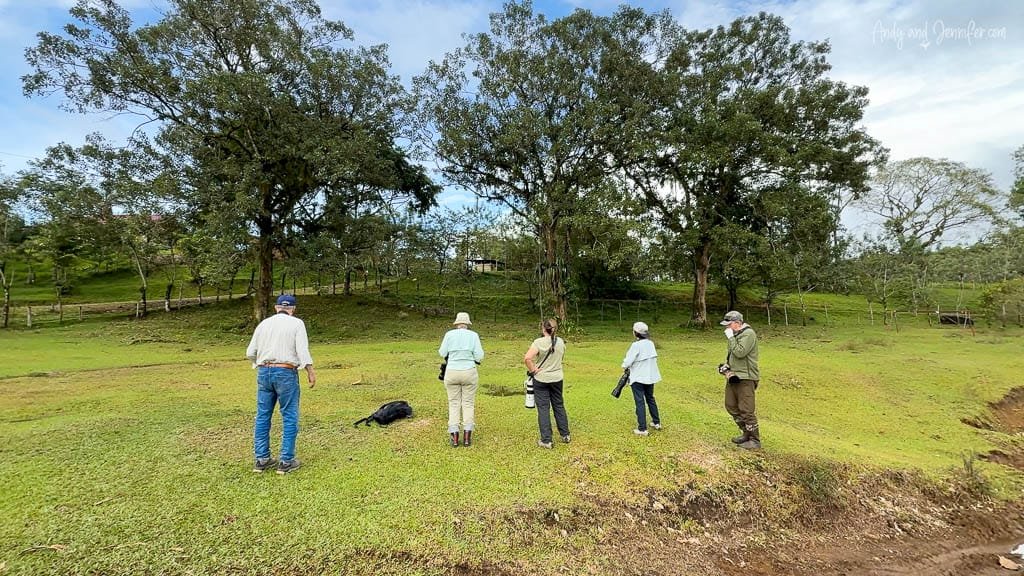 Photographers lined up in a grassy field preparing to photograph macaws in flight at La Finca Lodge near Selva Verde, Costa Rica.