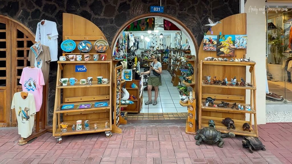 Jennifer browsing a souvenir shop in Puerto Ayora on Santa Cruz Island in the Galápagos.