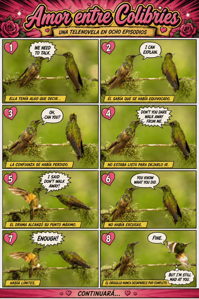 Telenovela-style comic featuring eight humorous scenes of two Buff-tailed Coronets arguing on a mossy perch in Ecuador.