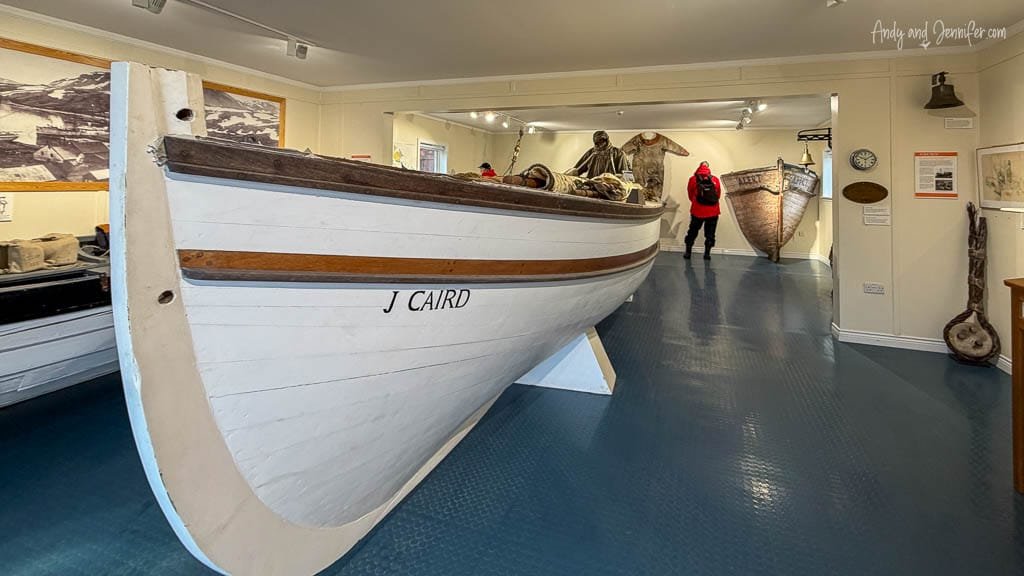 Replica of Shackleton’s James Caird lifeboat displayed inside the South Georgia Museum at Grytviken, South Georgia.