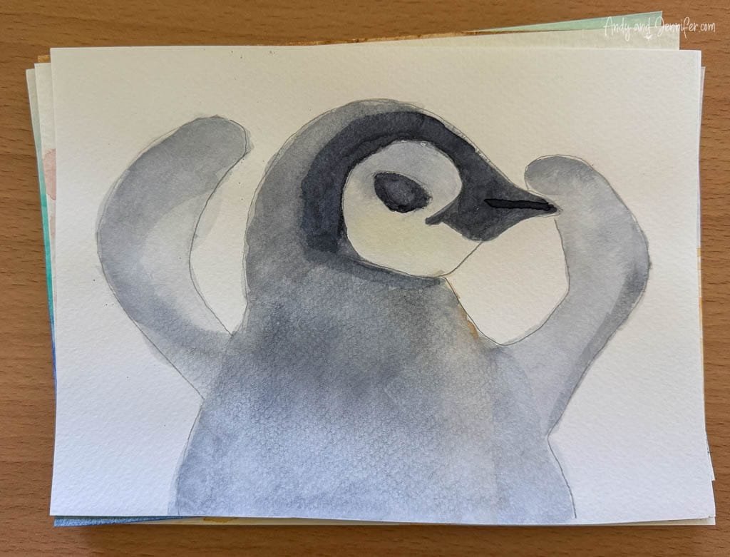 Watercolour painting of an emperor penguin chick created during an art workshop aboard Silver Wind.
