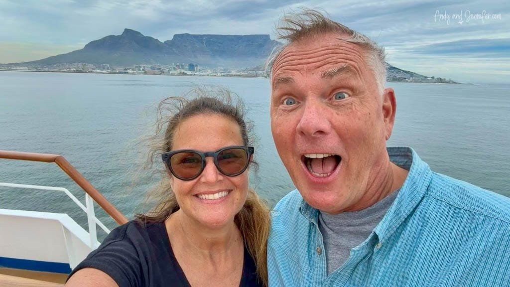 Andy and Jennifer taking a selfie aboard Silver Wind with Cape Town and Table Mountain in the background.