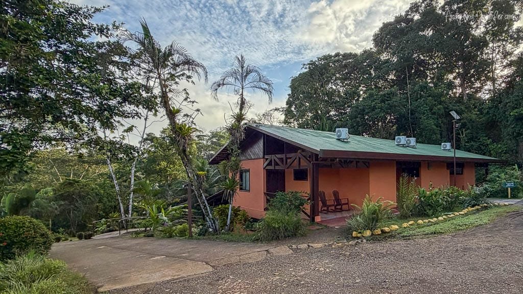 Exterior of guest accommodation at Laguna del Lagarto surrounded by tropical rainforest in Boca Tapada, Costa Rica.