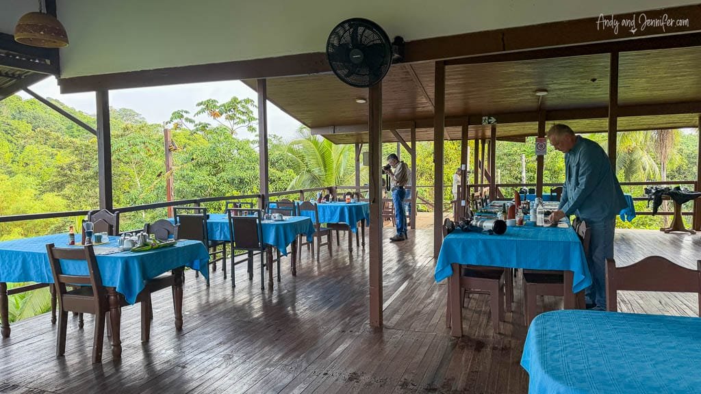 Open-air restaurant overlooking the rainforest at Laguna Lagarto in Boca Tapada, Costa Rica.