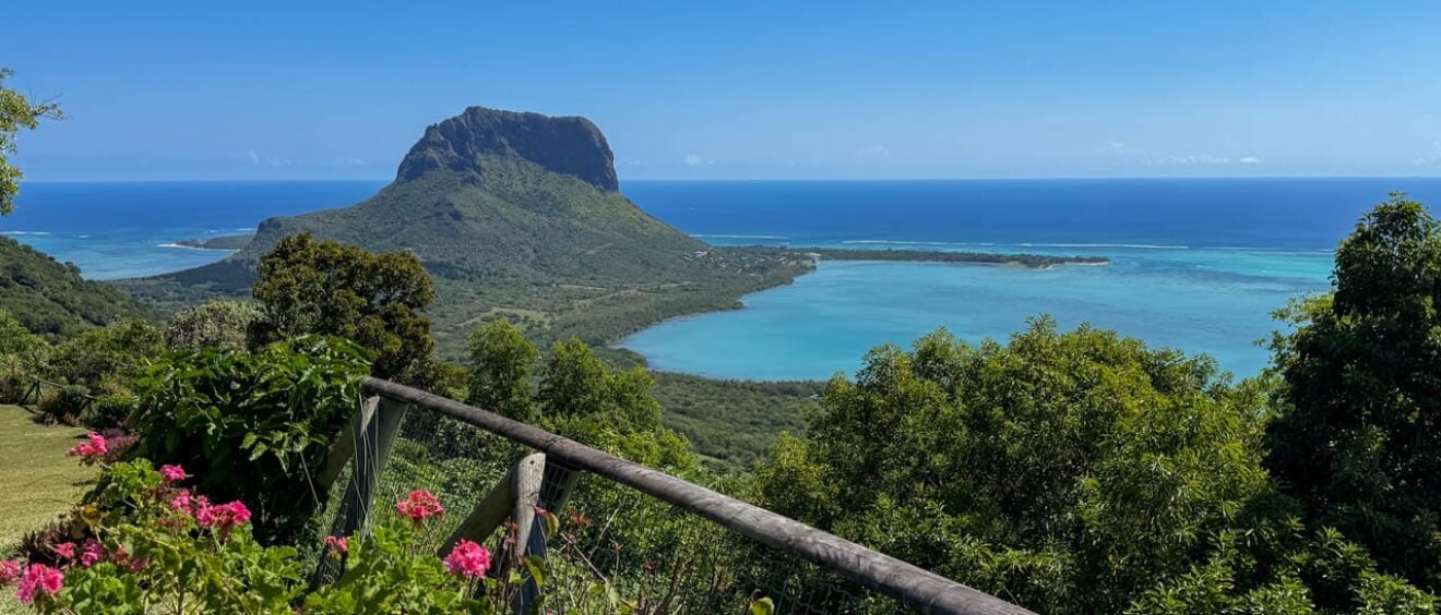 Le Morne Brabant overlooking the turquoise Indian Ocean and lagoon in southwest Mauritius.