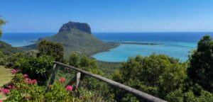 Le Morne Brabant overlooking the turquoise Indian Ocean and lagoon in southwest Mauritius.