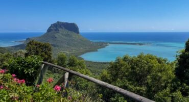 Le Morne Brabant overlooking the turquoise Indian Ocean and lagoon in southwest Mauritius.