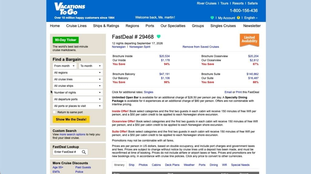 Screenshot showing a 94% savings on inside cabins, 87% discount on Oceanview, and 98% discount on balcony cabins. 
